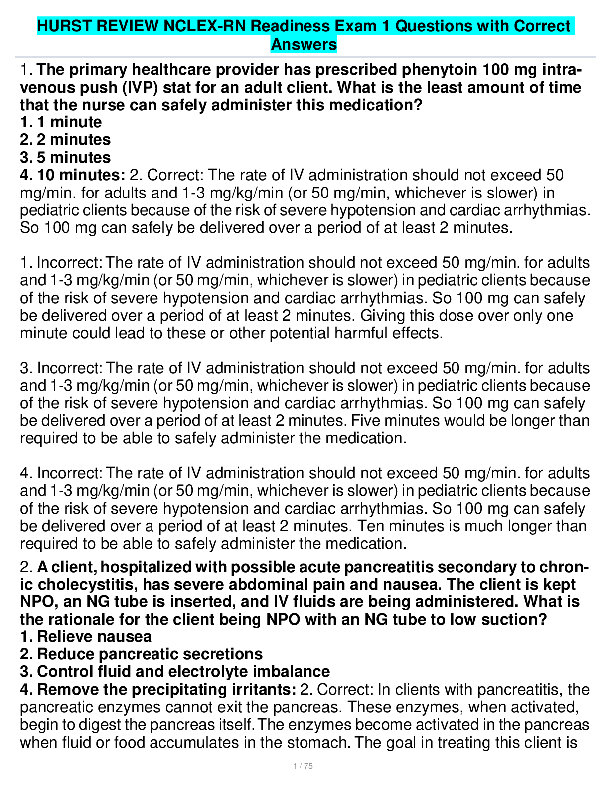 Preview image for HURST REVIEW NCLEX-RN Readiness Exam 1 Questions with Correct Answers